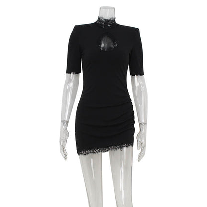 Lace Collar Keyhole Cut Out Short Sleeve Ruched Mini Dress