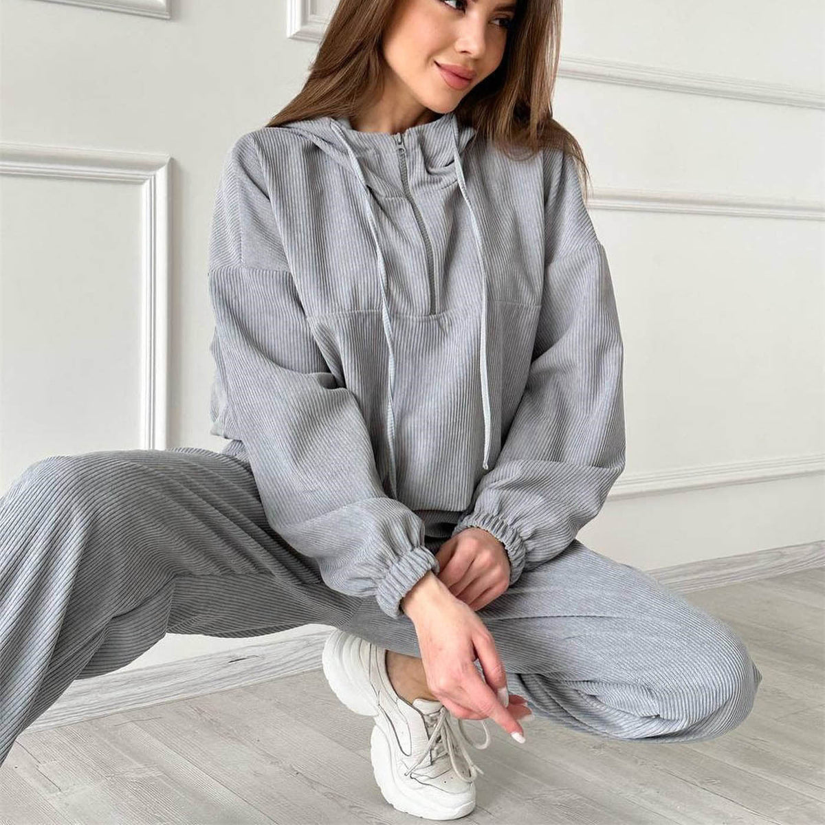 Corduroy Suit Women Sports Casual Autumn Winter Zipper Hooded Sweatshirt Sweatpants Two Piece Set Women