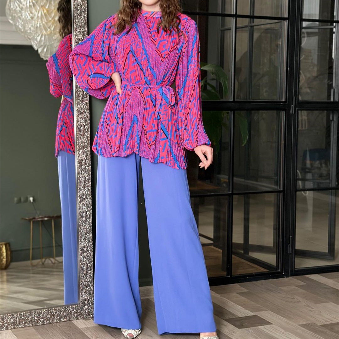 Women Clothing Autumn Pleated Graceful Puff Sleeve Shirt High Waist Wide Leg Pants Set