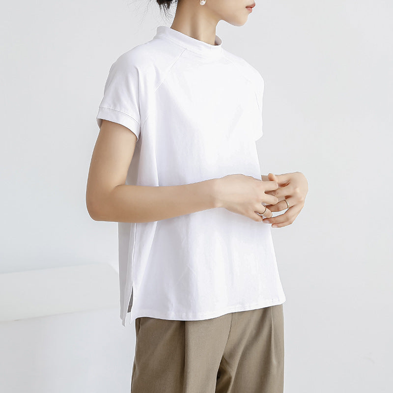 Summer Cotton Solid Color Short Sleeve Women T Shirt French Pullover Women Side Slit