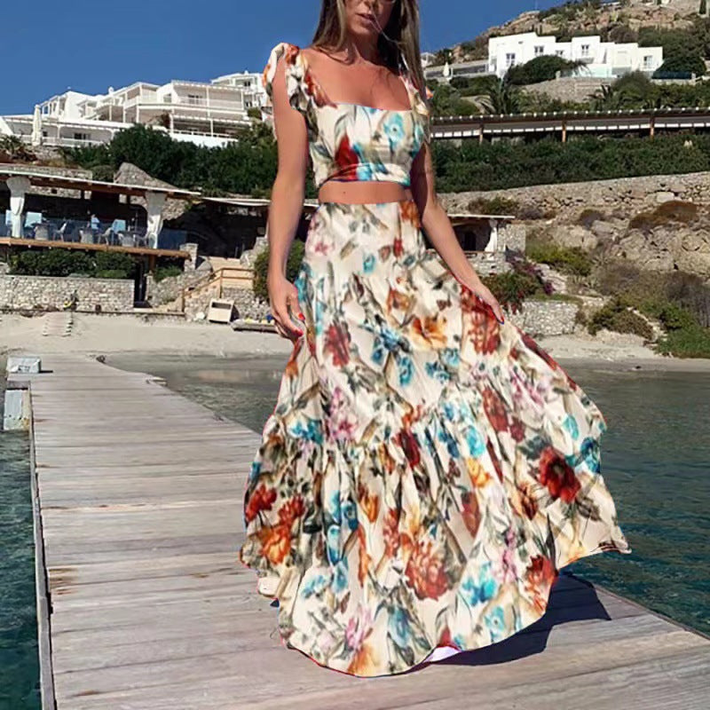 Summer Women Clothing Bohemian Sexy Print Sleeveless Dress Two Piece Set