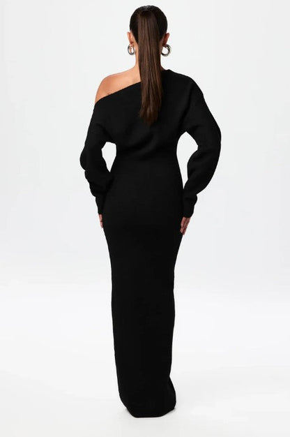Asymmetric Off Shoulder Long Sleeve Knit Column Maxi Dress