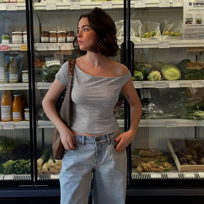 Summer Solid Color Basic Shoulder Short Sleeve Irregular Asymmetric Simple Casual T shirt off the Shoulder Short Top Women