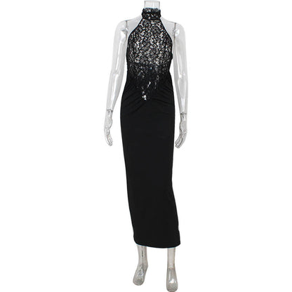 Arrival High Class Elegant Red Carpet Women Clothing Cutout Lace Stitching Sleeveless Halter Slim Fit Sexy Dress Women