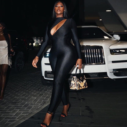 Solid Color Sexy Cutout Sexy Long Sleeve Skinny Hip Raise Fitness Jumpsuit Trendy Women