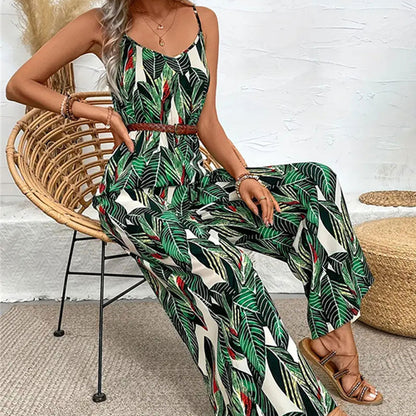 Women Clothing Printed Suspender Wide Leg Pants Draping Effect Trousers Suspender No Belt Jumpsuit Women