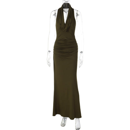 Ruched Halter Neck Deep V-Neck Backless Bodycon Maxi Dress