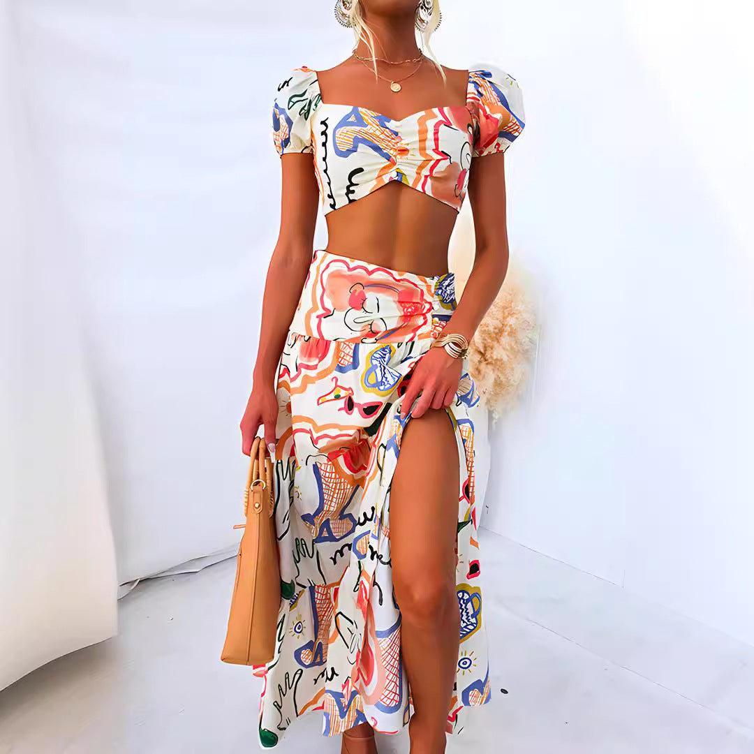 Summer Printed Top Wrapped Chest Skirt Two Piece Suit Amplified craft