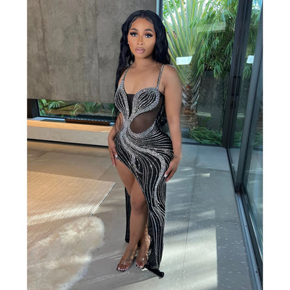 Summer Women Clothing Sexy Mesh Rhinestone Night Club Slip Dress Women