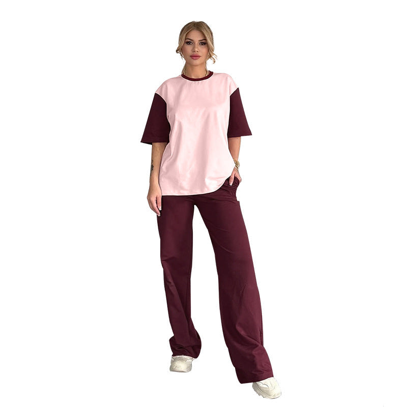 Summer Contrast Color round Neck Short Sleeved T shirt Women Casual Wide Leg Pants Two Piece Sets