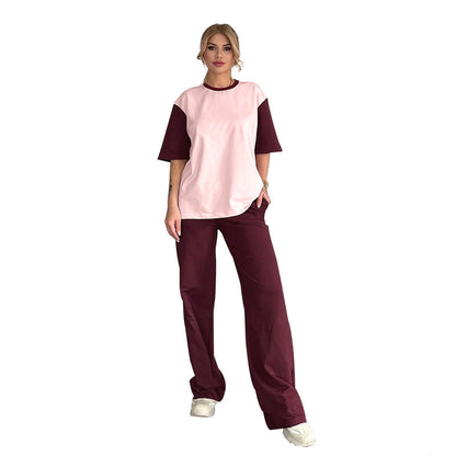 Summer Contrast Color round Neck Short Sleeved T shirt Women Casual Wide Leg Pants Two Piece Sets