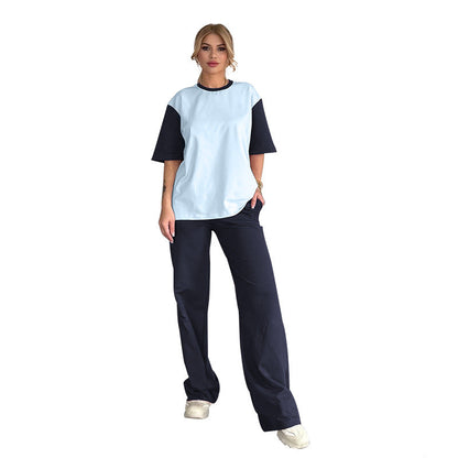 Summer Contrast Color round Neck Short Sleeved T shirt Women Casual Wide Leg Pants Two Piece Sets