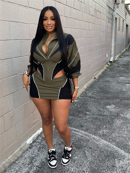Autumn Sexy Sports Loose Casual Contrast Color Long Sleeve Coat Skirt Outfit Women