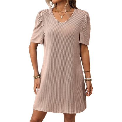 Summer Women Clothing Contrast Color Twist Strip Puff Sleeve Mid Length Dress
