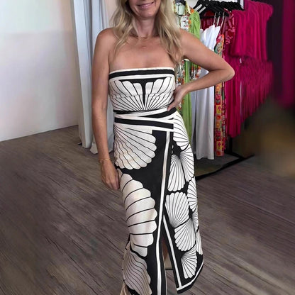 Summer Sexy Shell Positioning Printing Tube Top Backless Split Dress