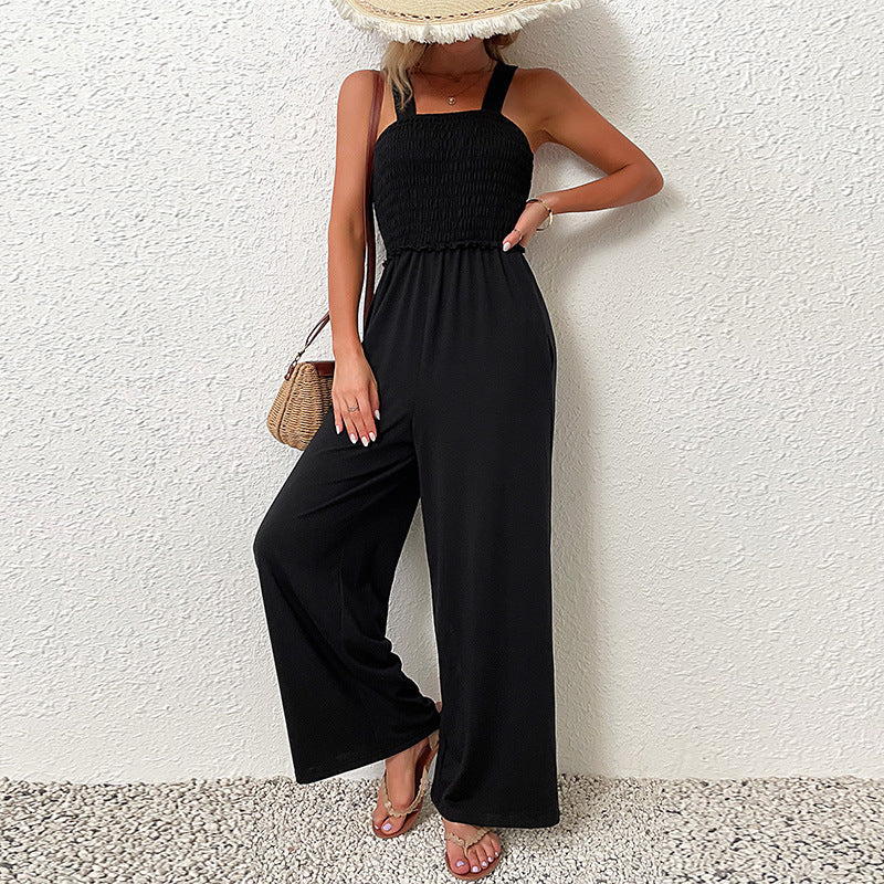 Summer Sling One Piece Wide Leg Black Loose Women Jumpsuit