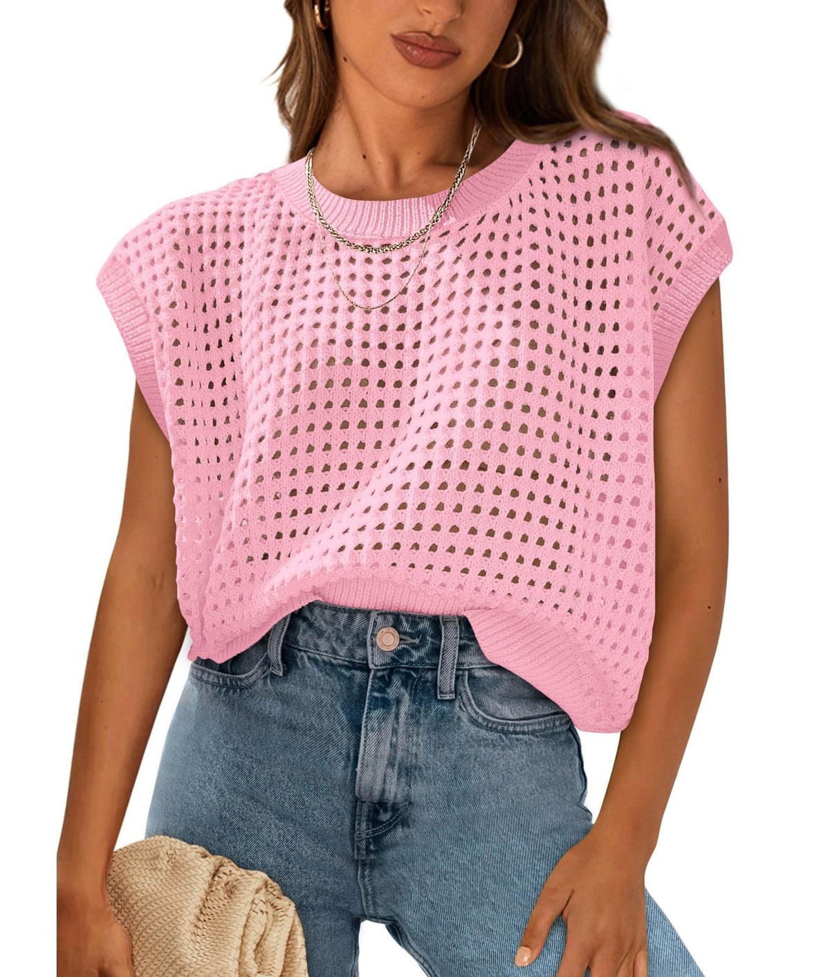 Summer Women Clothing Women round Neck Hollow Out Cutout Sun Protection Knitted Sweater Blouse
