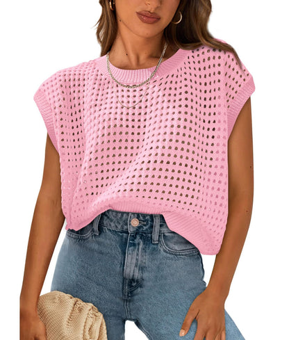 Summer Women Clothing Women round Neck Hollow Out Cutout Sun Protection Knitted Sweater Blouse