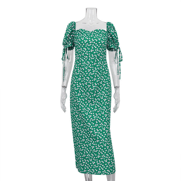 French Women Clothing Summer Holiday Dress Floral Puff Sleeve off Neck Slim Fit Long Dress