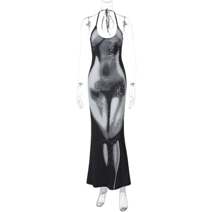 Halter Neck Trompe L'Oeil Body Print Water Droplet Maxi Dress