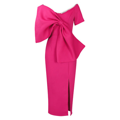 Oversized Bow Asymmetric V-Neck Short Sleeve Bodycon Midi Dress