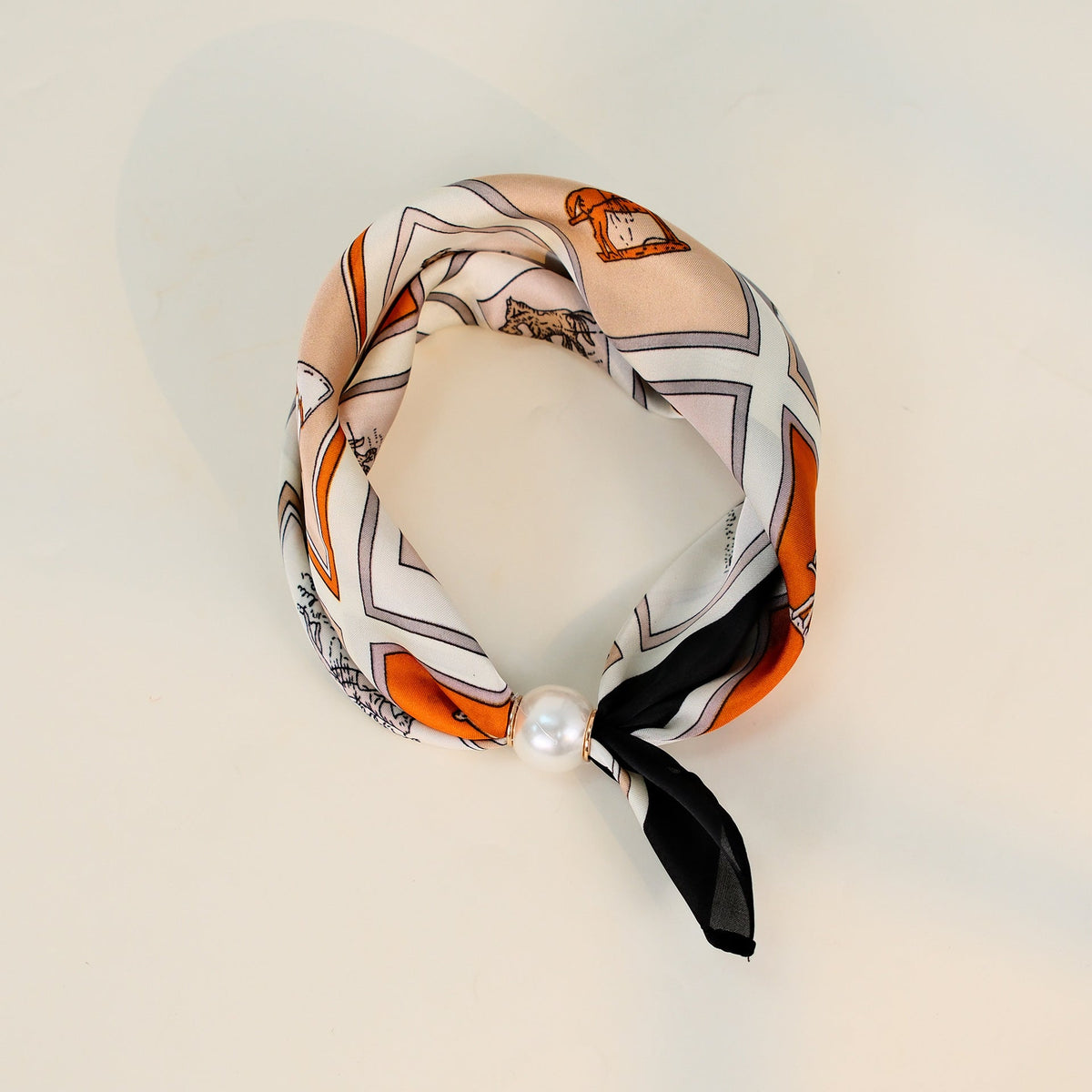 Vintage Horse Print Pearl Magnetic Buckle Neck Scarf