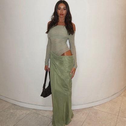 Off Shoulder Mesh Long Sleeve Ruched Waist Asymmetric Drape Maxi Dress