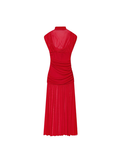 Mock Neck Mesh Yoke Ruched Bodice Pleated Midi Dress