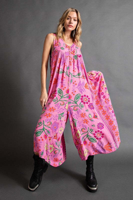 Summer Women Clothing Vintage Printed Loose Sleeveless Jumpsuit