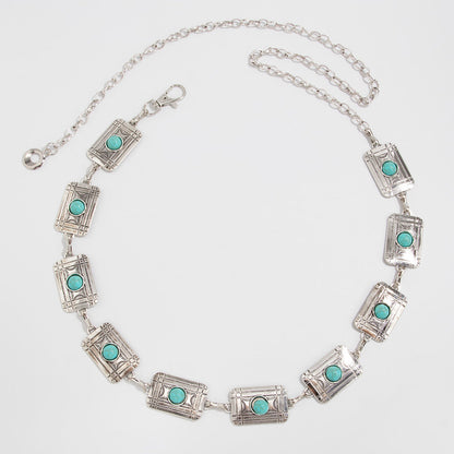 Retro Silver Turquoise Inlaid Waist Chain