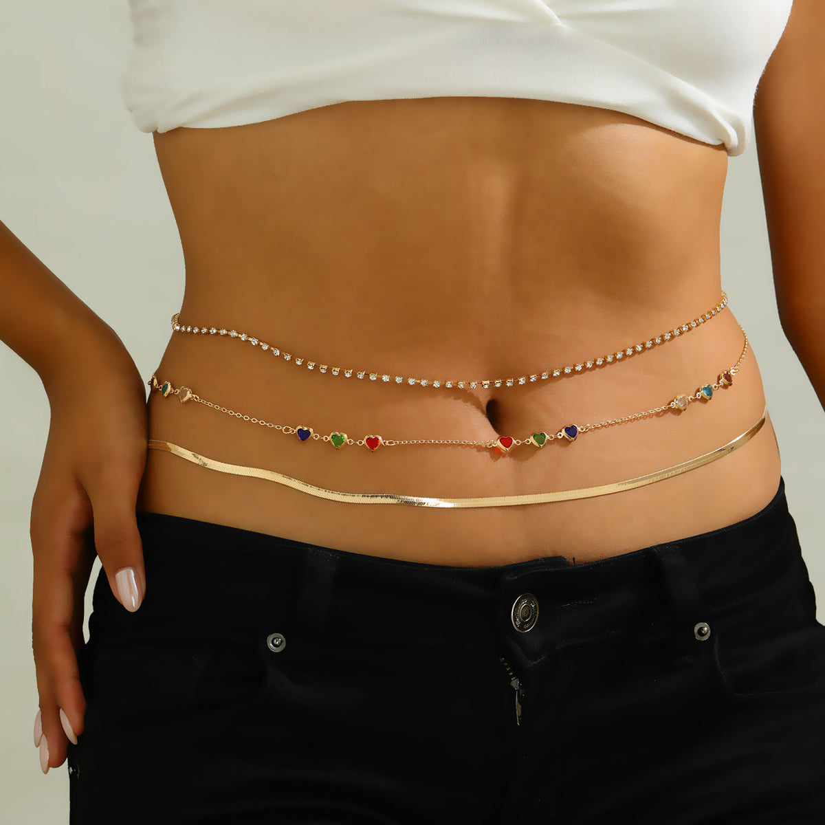 Layered Rhinestone Heart Color Waist Chain Set