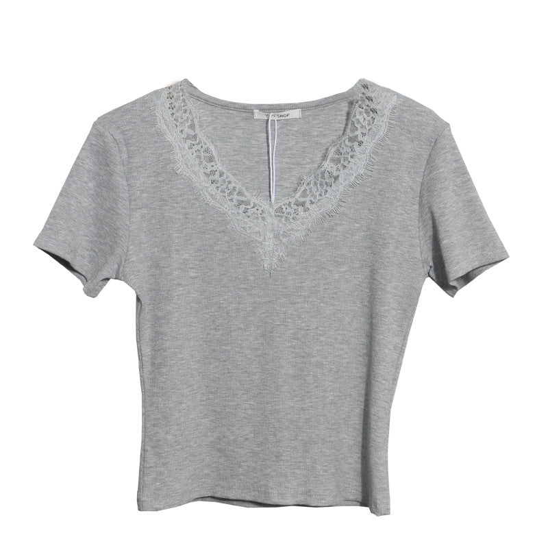 Summer Romantic Lace V neck Sexy T shirt Short Small Slim Short Sleeved Tops