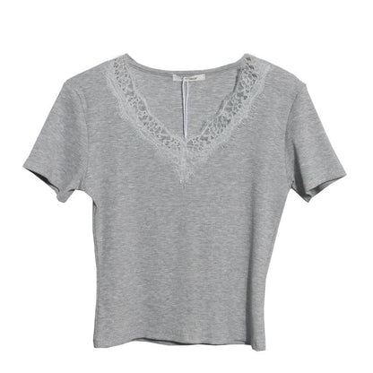 Summer Romantic Lace V neck Sexy T shirt Short Small Slim Short Sleeved Tops