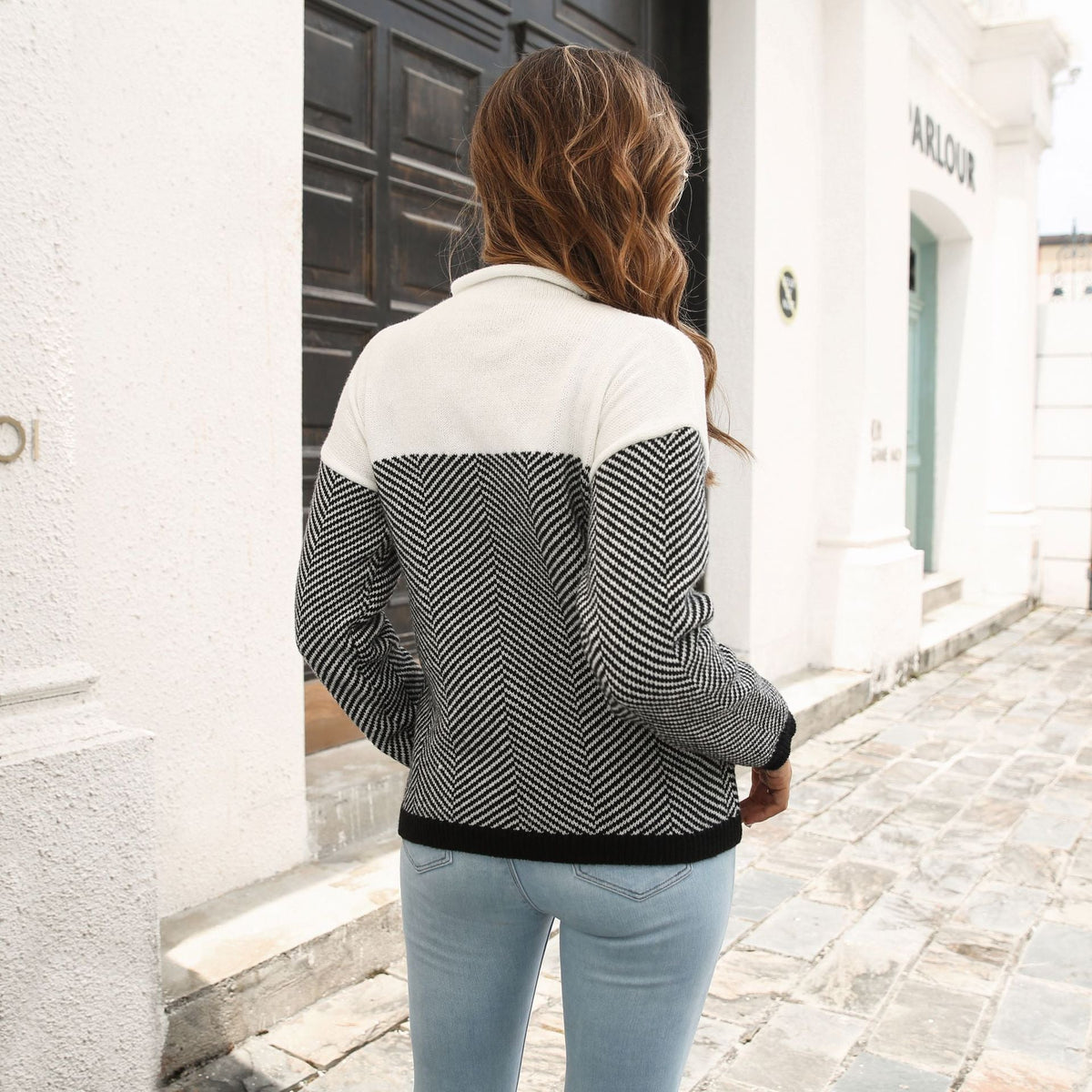 Twill Striped Color Matching Sweater Women Loose Autumn Winter Long Sleeve Knitwear Women Sweater
