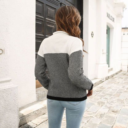 Twill Striped Color Matching Sweater Women Loose Autumn Winter Long Sleeve Knitwear Women Sweater