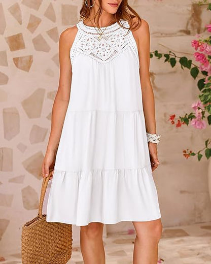 Crochet Lace Yoke Halter Neck Tiered A-Line Mini Dress