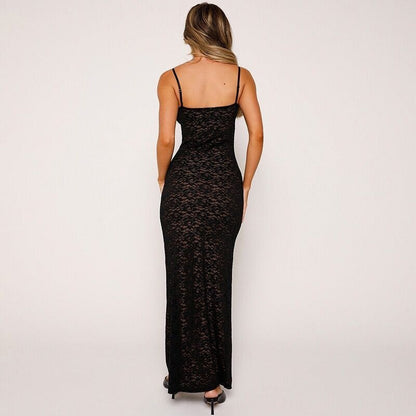 Deep V-Neck Floral Lace Spaghetti Strap Column Maxi Dress