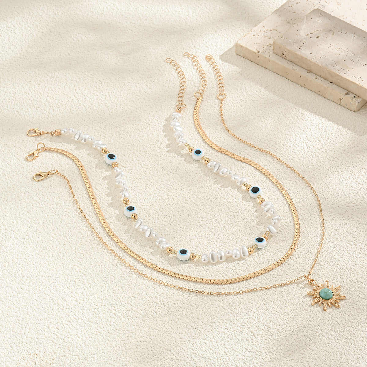 Long Pearl Octagram Star Pendant Layered Necklace