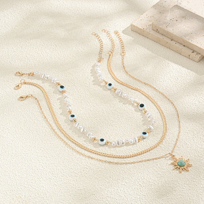 Long Pearl Octagram Star Pendant Layered Necklace