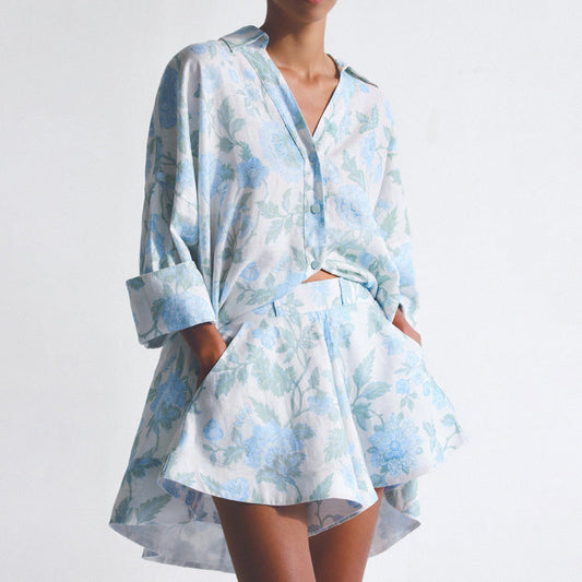 Printing Summer Women Casual Wear Loose Long Shirt High Waist Shorts with Belt Two Piece Set