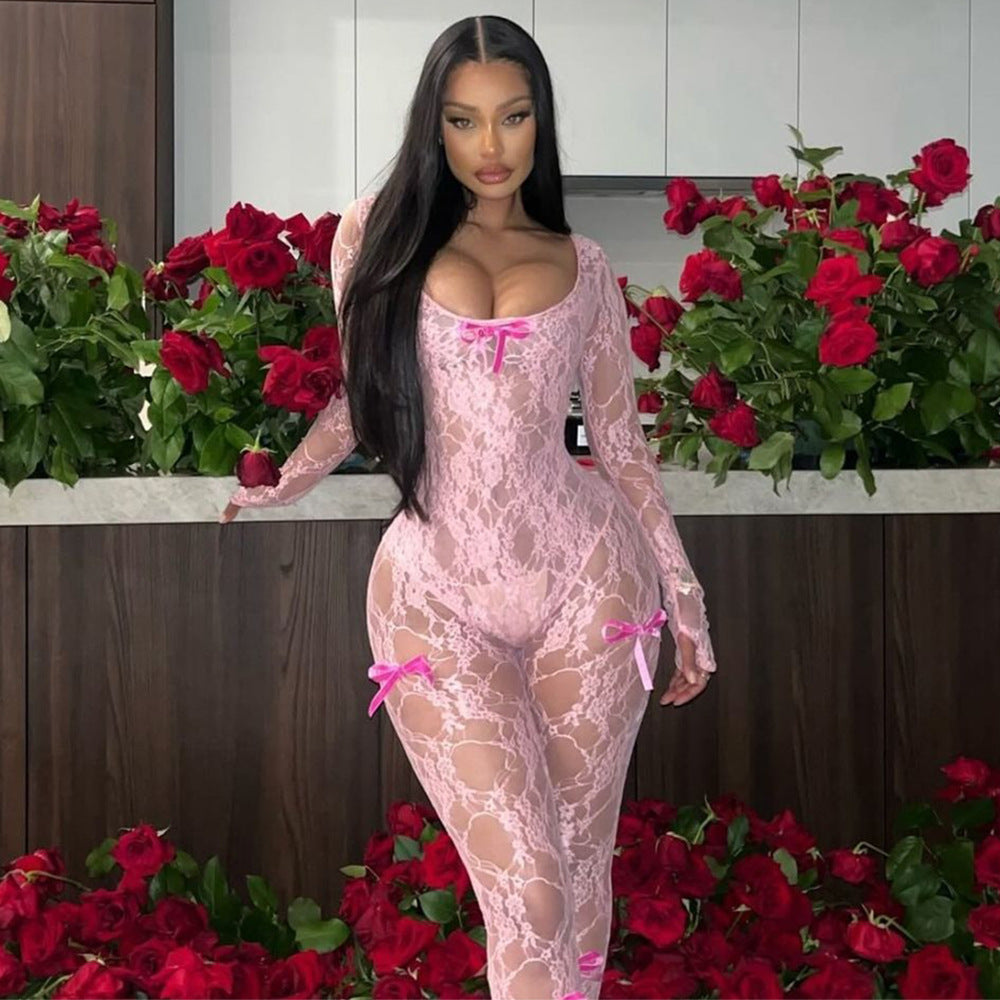Summer Women Clothing U Neck Long-Sleeved Sexy Lace Stretch Jumpsuit Women