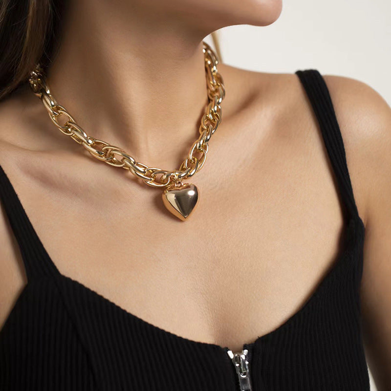 Hollow Out Chunky O Ring Heart Pendant Statement Necklace