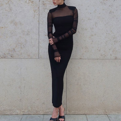 Mesh Mock Neck Long Sleeve Ruched Padded Shoulder Bodycon Maxi Dress