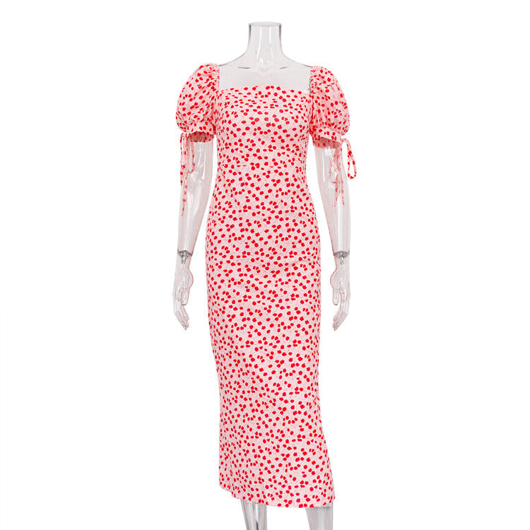 French Women Clothing Summer Holiday Dress Floral Puff Sleeve off Neck Slim Fit Long Dress