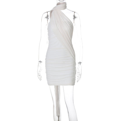 Summer Women Clothing Mesh Stitching Solid Color Ribbon Halter Hip Dress Women