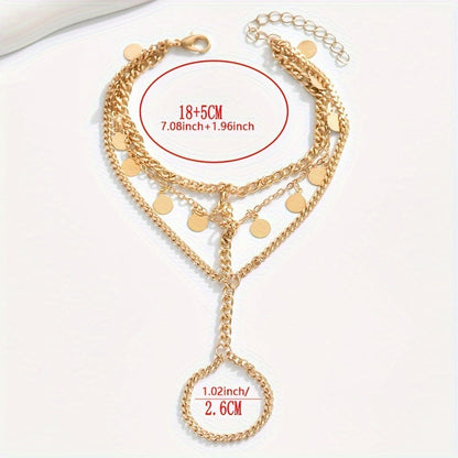 Layered Metal Disc and Chain Finger Bracelet