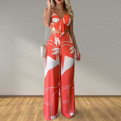 Women Clothing Summer Sexy Tube Top Lace up Loose Wide Leg Pants Printing Set