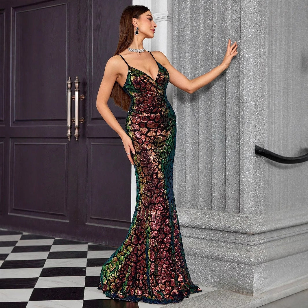 V neck Brace Evening Dress Fishtail Elegant Dress Annual Party Party Host Formal Dress Women