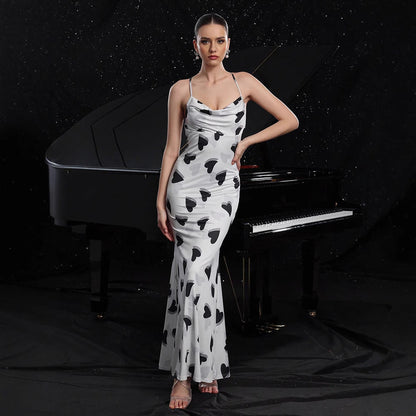 Summer Women Wear Sexy Sling Dress Heart Printing Backless Slim Fit Vacation Dress