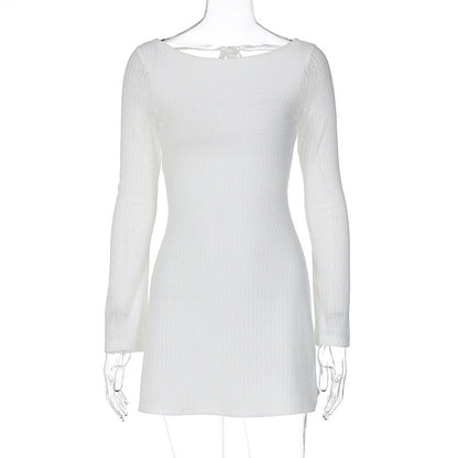 Ribbed Knit Boat Neck Bell Sleeve Bodycon Mini Dress